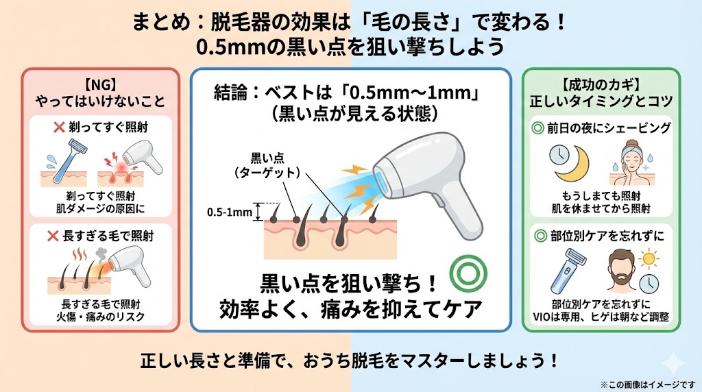 まとめ：脱毛器の効果は「毛の長さ」で変わる！0.5mmの黒い点を狙い撃ちしよう