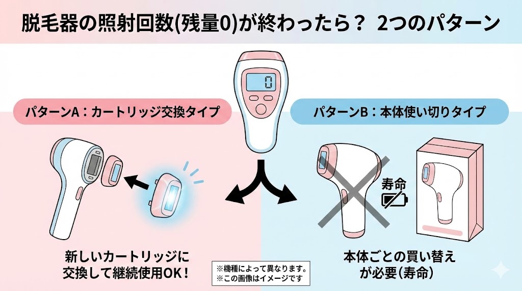 結論:脱毛器の照射回数が終わったら「カートリッジ交換」か「本体の買い替え」が必要