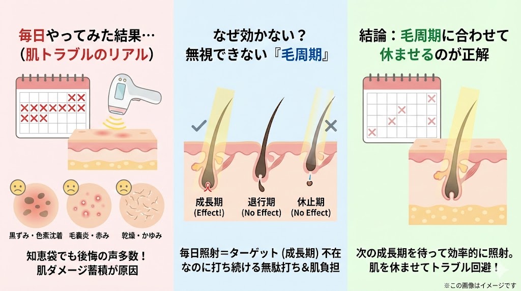 家庭用脱毛器を毎日やってみた結果は？黒ずみの原因と「毛周期」の無視できない関係