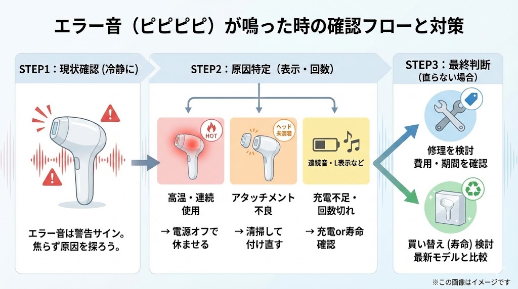 ヤーマン脱毛器「ピピピピ」音の正体は?故障か寿命か見極める対処法とエラー解除の手順